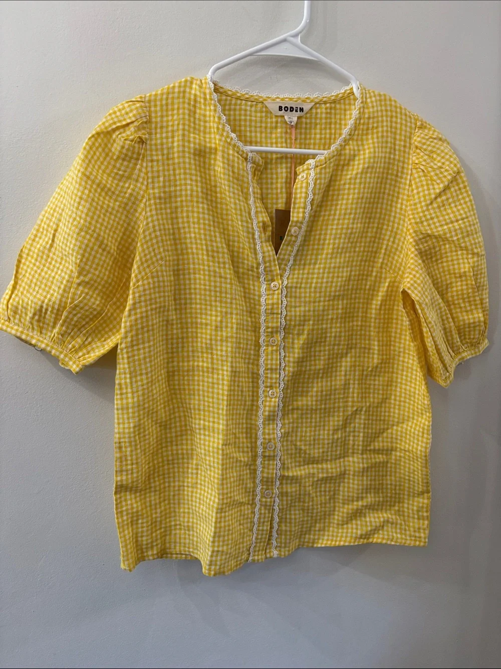 Boden Yellow Gingham Lace-Trim Button Front Top - NWT - size 0